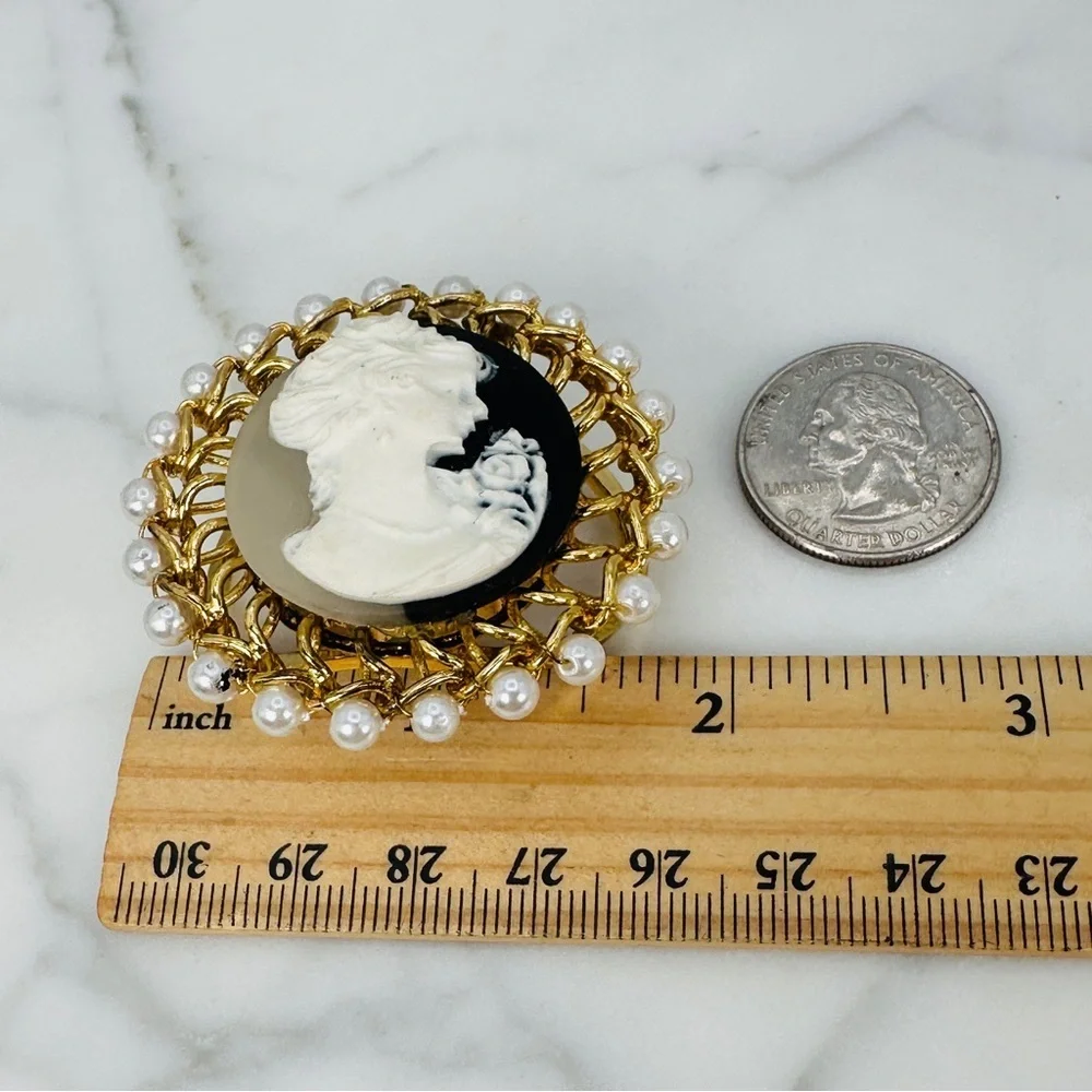 Vintage Faux Cameo Scarf Ring Slide Faux Pearl Romantic Victorian Bridgerton Big